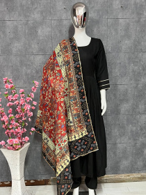Pure Soft cotton Plain Anarkali suit with Kalamkari Dupatta -  Black
