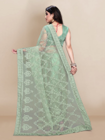 Super Net beautiful Designer embroidery Saree -Aqua Green