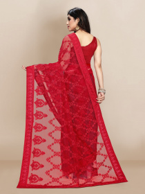 Super Net beautiful Designer embroidery Saree - Red