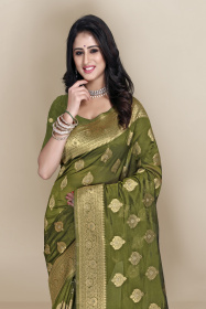 Soft Organza Banarasi saree with Banarasi Blouse - Olive Green