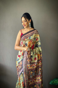 Pure Cotton Kalamkari Digital Printed Saree with Tassels - Multi color