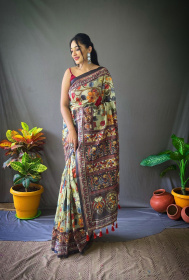 Pure Cotton Kalamkari Digital Printed Saree with Tassels - Multi color