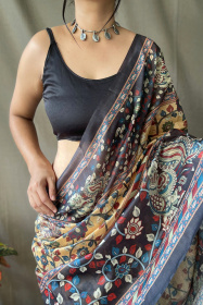 Pure Cotton Kalamkari Digital Printed Saree with Tassels-Yellow,Multi 