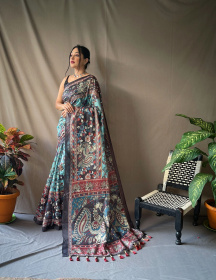 Pure Cotton Kalamkari Digital Printed Saree with Tassels - Blue,Multi 