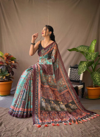 Pure Cotton Kalamkari Digital Printed Saree with Tassels - MultiColor 
