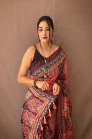 Pure Cotton Kalamkari Digital Printed Saree with Tassels - MultiColor 