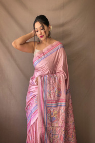 Kanjeevaram Soft Silk Sarees with Beautiful Katha Prints - Pink