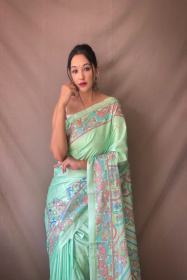 Kanjeevaram Soft Silk Sarees with Beautiful Katha Prints - Light Green