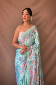 Kanjeevaram Soft Silk Sarees with Beautiful Katha Prints - Light Blue