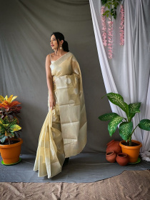Pure Linen Silk Sarees with woven motifs and Rich Pallu - Warm Ivory