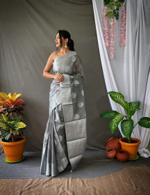 Pure Linen Silk Sarees with woven motifs and Rich Pallu - Grey