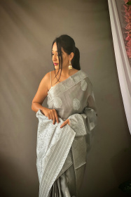Pure Linen Silk Sarees with woven motifs and Rich Pallu - Grey