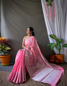 Pure Linen Silk Sarees with woven motifs and Rich Pallu - Pink