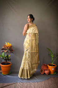 Linen Silk Sarees with Copper Zari motifs and Rich Pallu - Off White