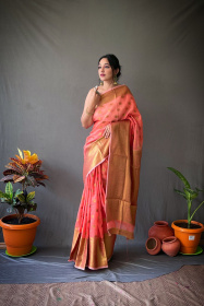 Linen Silk Sarees with Copper Zari motifs and Rich Pallu - Light Red