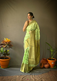 Linen Silk Sarees with Copper Zari motifs and Rich Pallu - Light Green