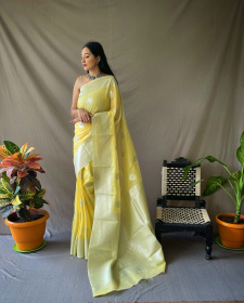Pure Linen Silk Sarees with Silver Zari motifs and Rich Pallu - Yellow