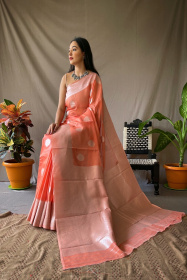 Pure Linen Silk Sarees with Silver Zari motifs and Rich Pallu - Red