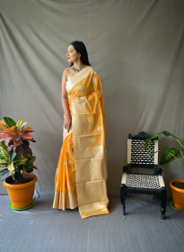 Pure Linen Silk Sarees with Silver Zari motifs and Rich Pallu - Orange