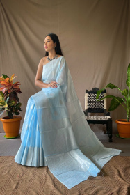 Pure Linen Silk Sarees with Silver Zari motifs and Rich Pallu-Sky Blue