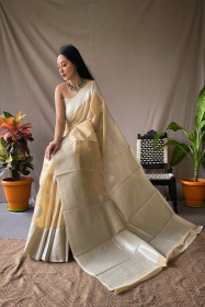Linen Silk Sarees with Silver Zari motifs and Rich Pallu - Light Brown
