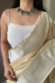 Linen Silk Sarees with Silver Zari motifs and Rich Pallu - Light Brown