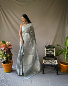 Pure Linen Silk Sarees with Silver Zari motifs and Rich Pallu - Grey