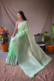 Linen Silk Sarees with Silver Zari motifs and Rich Pallu - Light Green