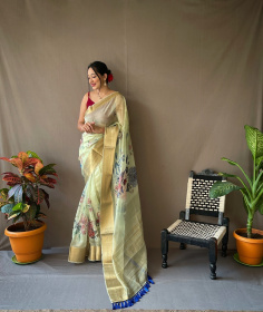 Organza floral printed saree with zari pallu and jacquard border-Green