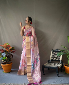 Organza floral printed saree with zari pallu & jacquard broder- Pink