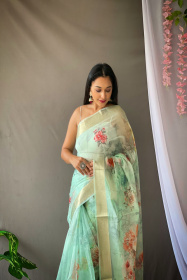 Organza floral printed saree with zari pallu & jacquard border- Green