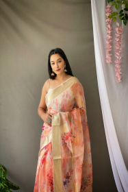 Organza floral printed saree with zari pallu & jacquard border- Peach