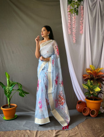 Organza floral printed saree with zari pallu & jacquard border- Blue