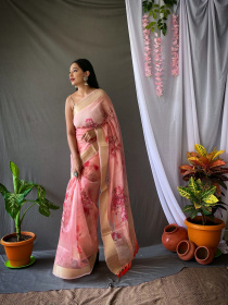 Organza floral printed saree with zari pallu & jacquard border- Pink