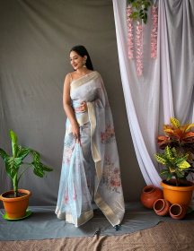Organza floral printed saree with zari pallu and jacquard border- Grey