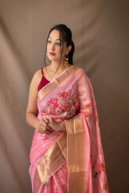 Organza stripped floral printed saree with jacquard border - Pink