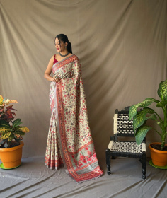 Kanjeevaram Silk Madhubani Printed Saree with contrast pallu-Pistachio