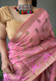 Pure Linen Silk Sarees with woven motifs and Rich Pallu - light Pink