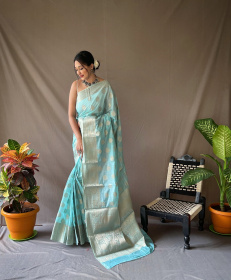 Pure Linen Silk Sarees with woven motifs and Rich Pallu - Sky Blue