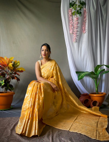 Linen Silk Saree with Zari Jaal Weaving with Rich Pallu- Yellow