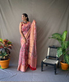 Organza kalamkari printed sarees with jacquard weaving  border - Pink