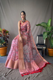Organza kalamkari printed sarees with jacquard weaving  border - Pink