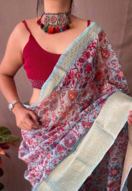 Organza kalamkari printed sarees with jacquard weaving  border - Multi