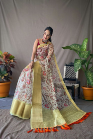 Organza kalamkari printed saree with jacquard weaving  border - Yellow