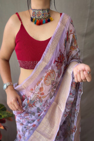 Organza kalamkari printed saree with jacquard weaving  border - Purple