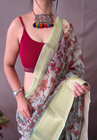 Organza kalamkari printed saree with jacquard weaving  border - Green