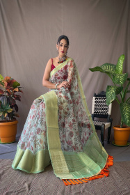 Organza kalamkari printed saree with jacquard weaving  border - Green