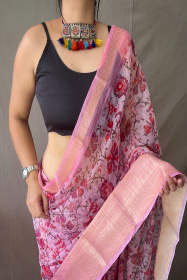 Organza kalamkari printed saree with jacquard weaving  border - Pink