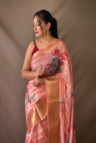 Organza stripped floral printed saree with jacquard border - Light Red