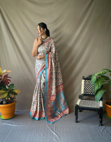 Kanjeevaram Silk Madhubani Printed Saree with contrast pallu - Blue